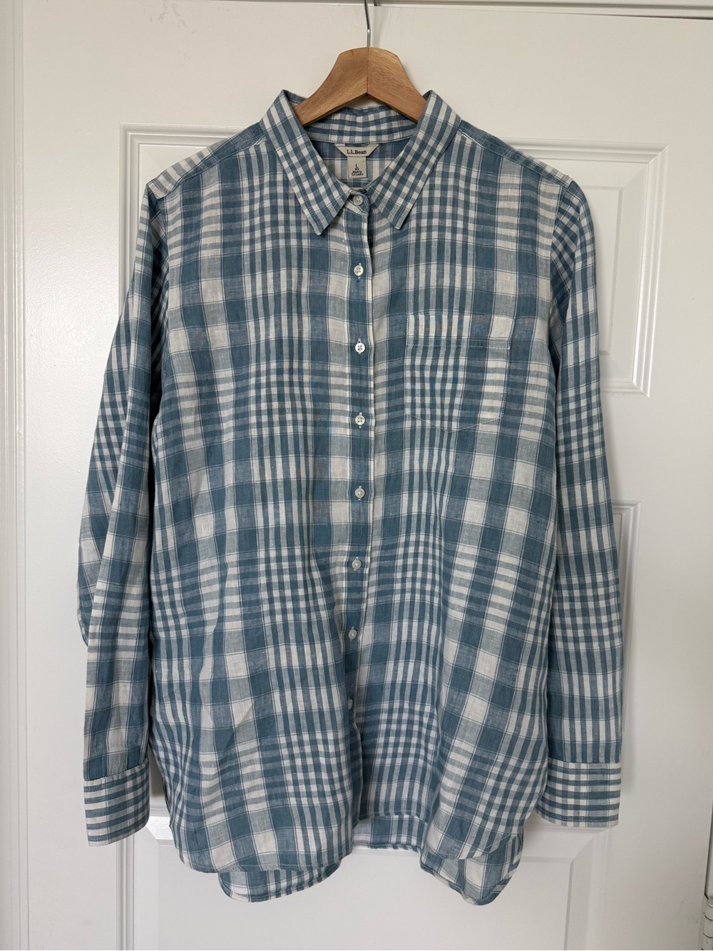 LL Bean Linen Long Sleeve Button Down Top Large Light Blue Plaid Lightweight